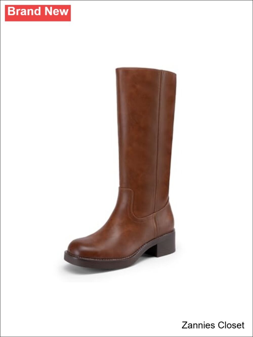 โจ Platform Chunky Block Heel Square Toe Knee High Riding Boots Faux Leather